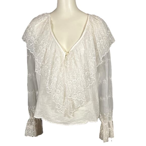 Vintage Evviva (S) Blouse Off-White Peasant Edwardian USA Linen BroderieAnglaise - Picture 1 of 16
